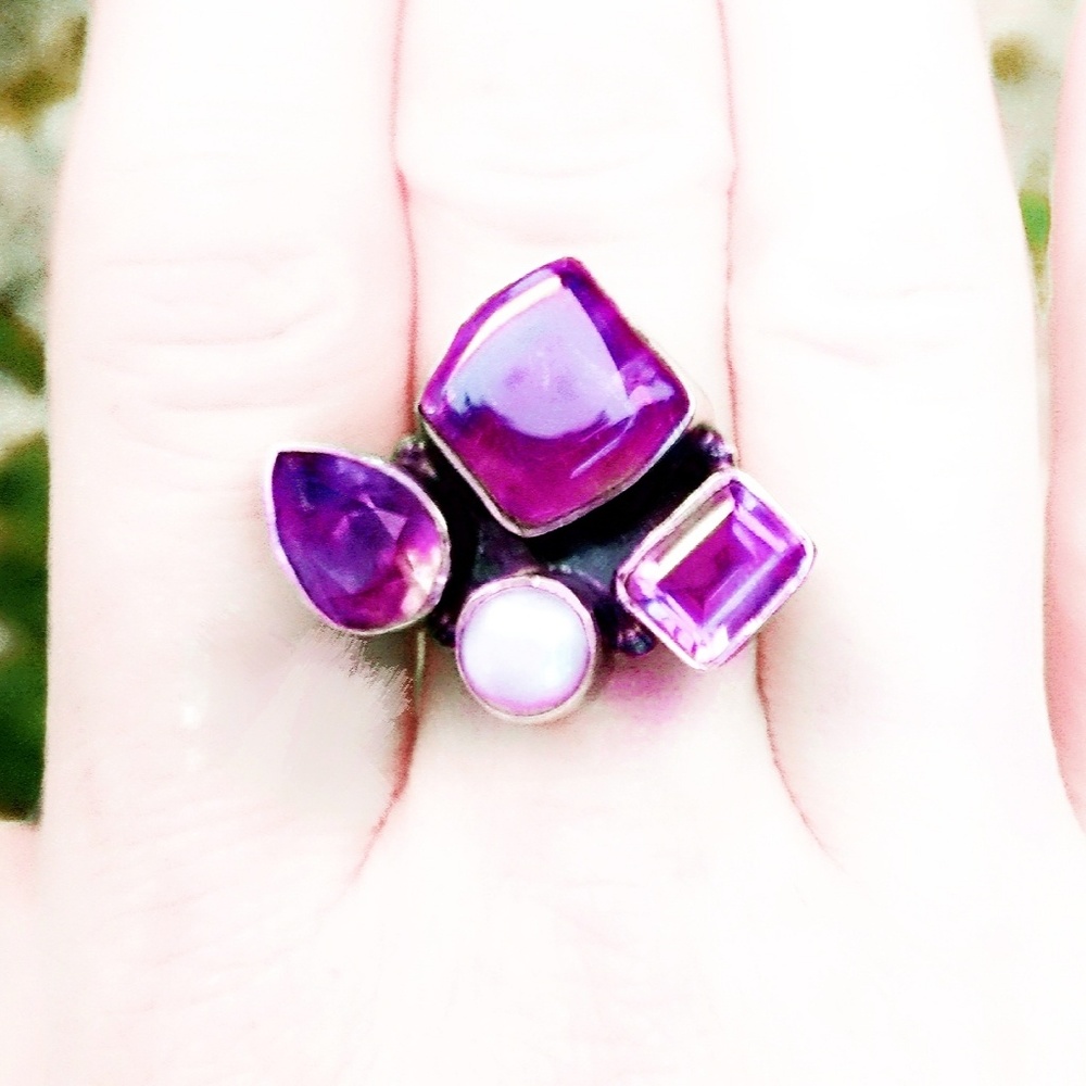 Vintage Amethyst & Pearl Oversized Sterling Silver Ring- 7